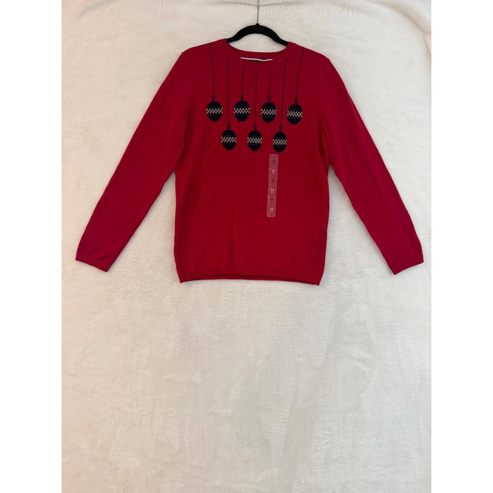 Tommy Hilfiger Red Christmas Ornament Sweater Womens Medium Cotton Crewneck NWOT